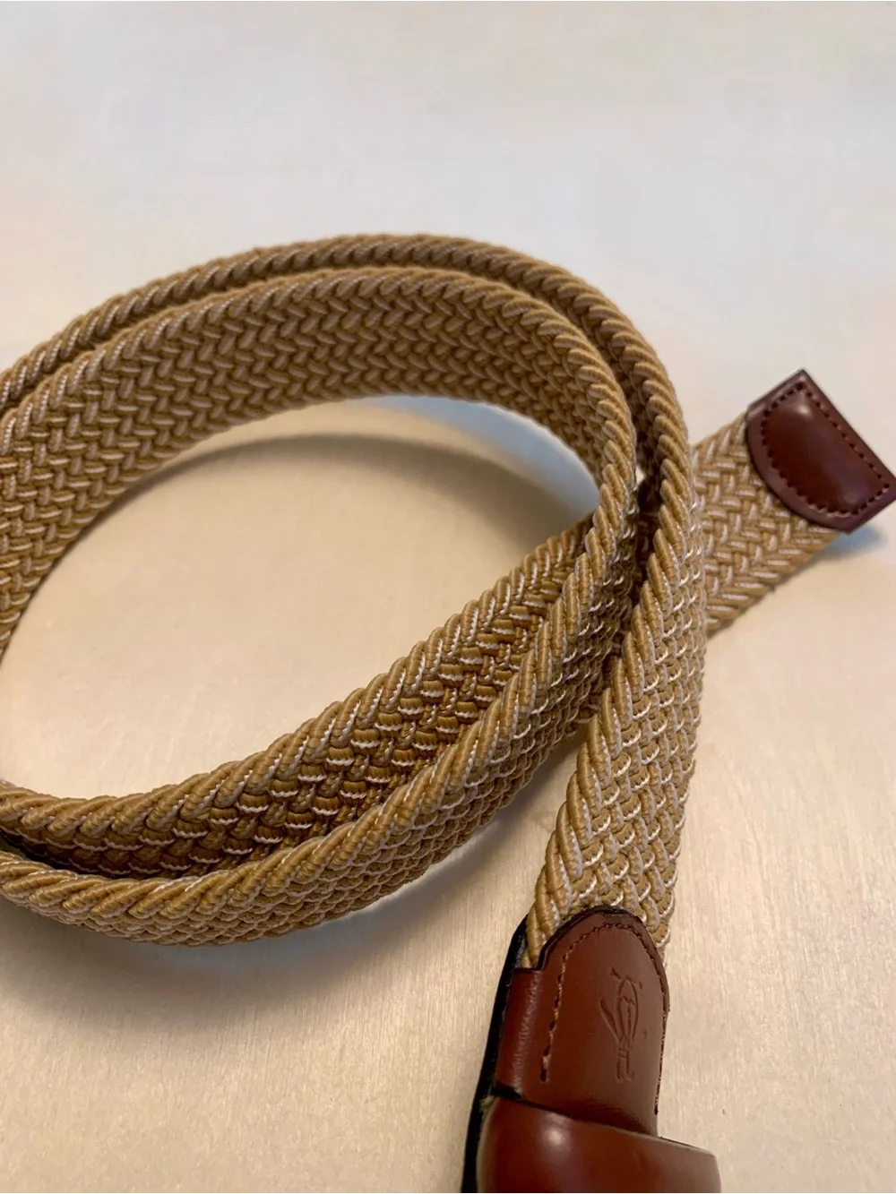 Penguin Braided Tan Stretch Belt with Brown Leather Trim, Size Medium (24-36)